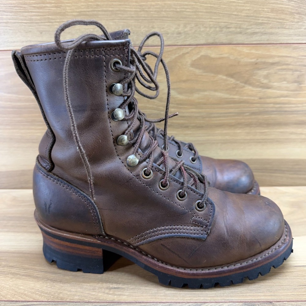 FRYE Combat Logger Vintage Boots Womens 7.5 M Brown Leather Vibram Lug Sole USA